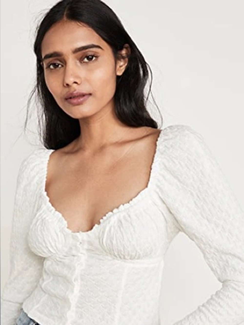 Free People Long Sleeve Textured White Ladybug Crop Top Sweetheart Neckline